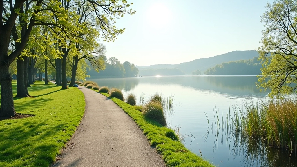 Scenic lakeside path with water views and natural vegetation along the shore