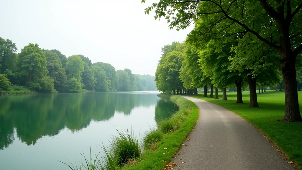 Lakeside walking path near Telč with calm water and green surroundings, accessible paved route for gentle walking
