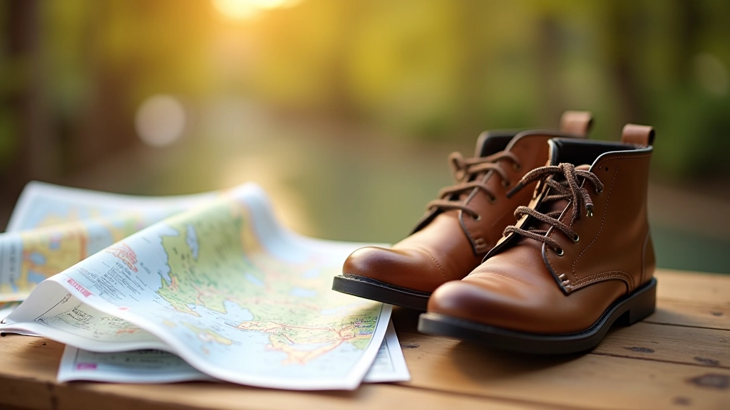 Comfortable walking shoes with outdoor gear and travel accessories