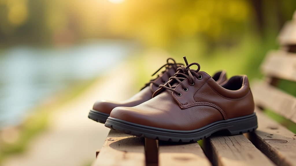 Comfortable walking shoes and outdoor gear resting on a wooden bench with lake view in background