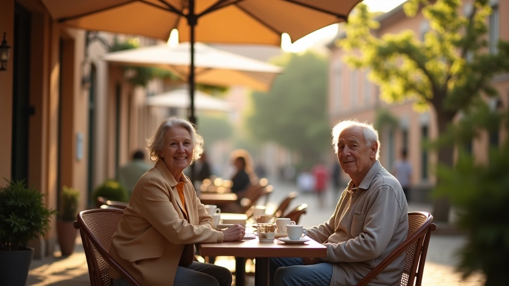 Cozy outdoor café in Telč with comfortable seating, coffee service, quiet atmosphere perfect for rest breaks