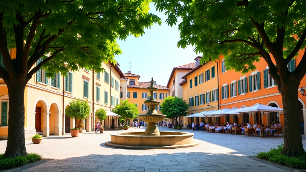 Historic town square with Renaissance-style buildings and tree-covered plaza