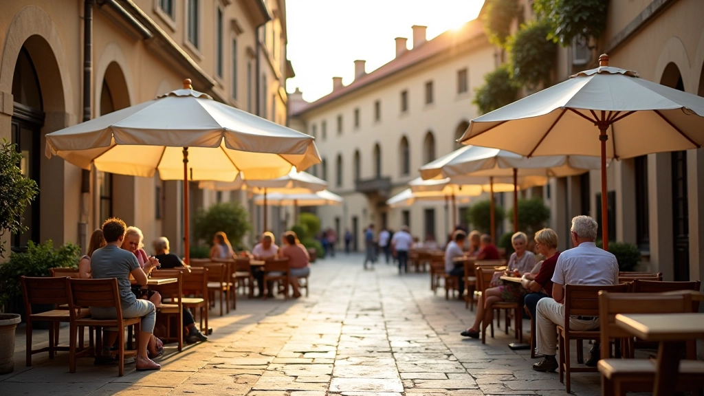 Historic European town square with café seating and arcaded buildings