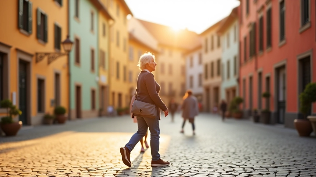 Historic Telč town square with Renaissance buildings and a person walking leisurely on cobblestones in morning light
