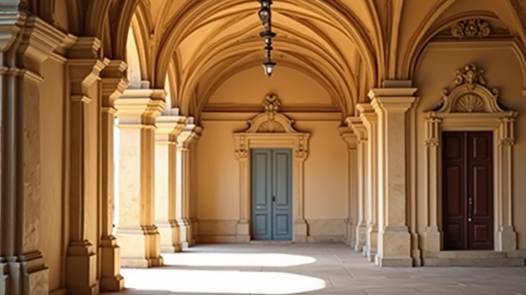 Close-up view of Renaissance arcade archways and ornate doorways in historic town square, detailed stonework