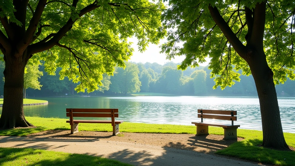 Waterside park bench overlooking calm lake with trees and walking path