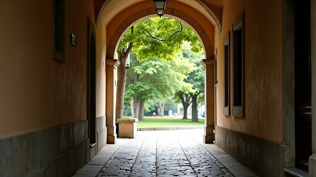 Narrow European street with archway leading to shaded park area