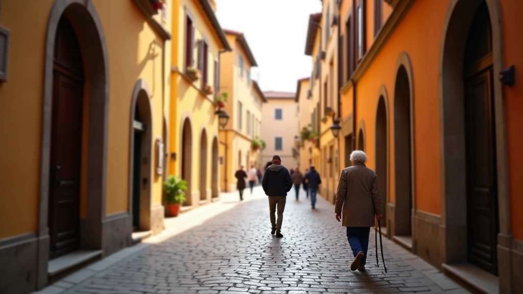 Narrow cobblestone street with traditional Renaissance buildings and arcaded passages, peaceful pedestrian lane