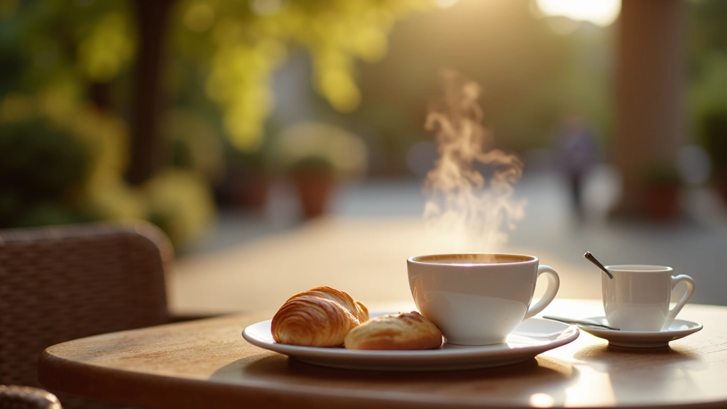 Outdoor café table with coffee cup and pastry in morning light