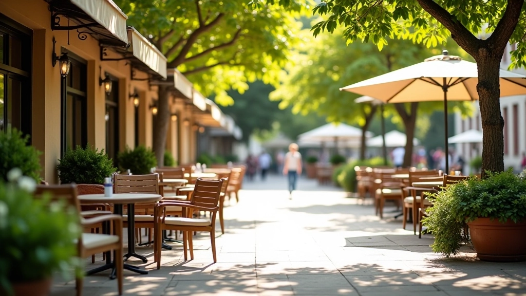 Outdoor café seating area with tables and comfortable chairs in a historic setting