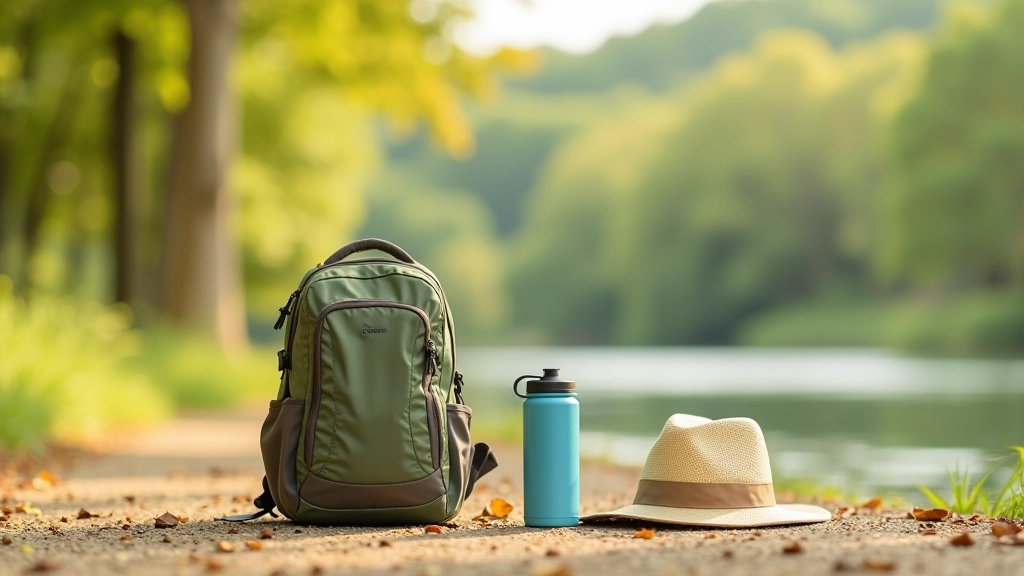 Outdoor walking backpack with water bottle and sun hat arranged on ground with natural scenery