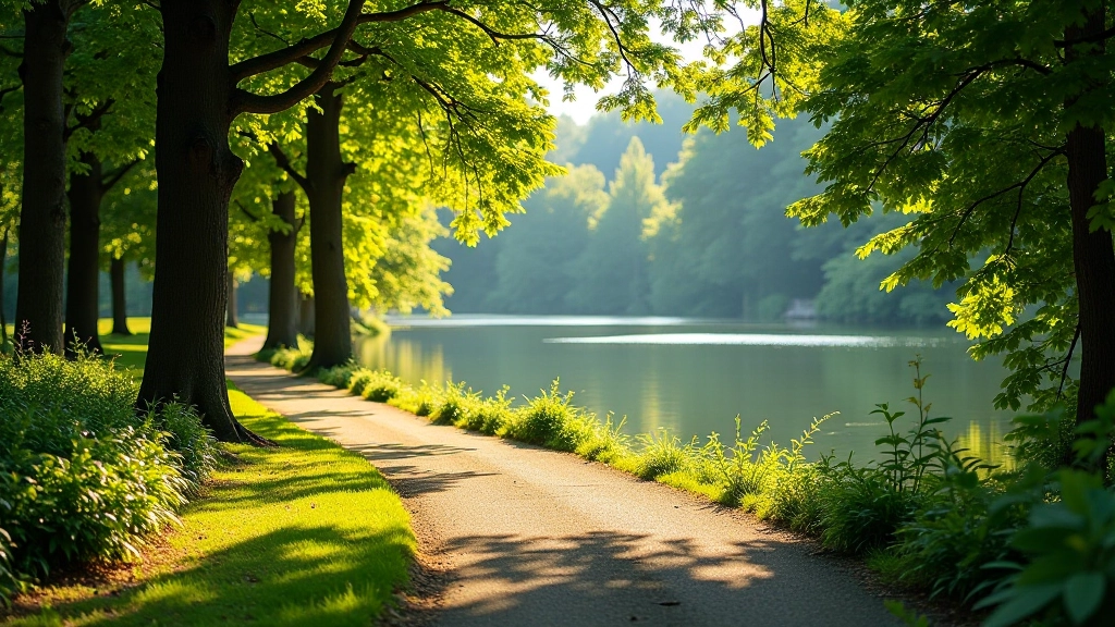 Tranquil lakeside path with native vegetation