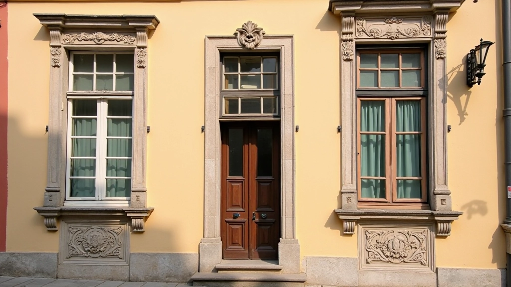 Detailed view of ornate window frames and architectural details on Renaissance building facade