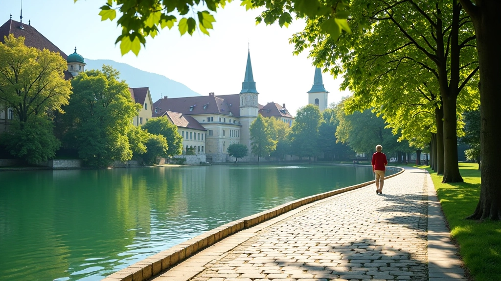 Serene lakeside walking path near Telč with calm water reflecting historic buildings and mature trees creating natural shade