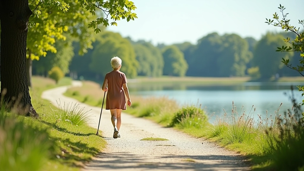Peaceful lakeside walking path with clear water views and natural shoreline vegetation