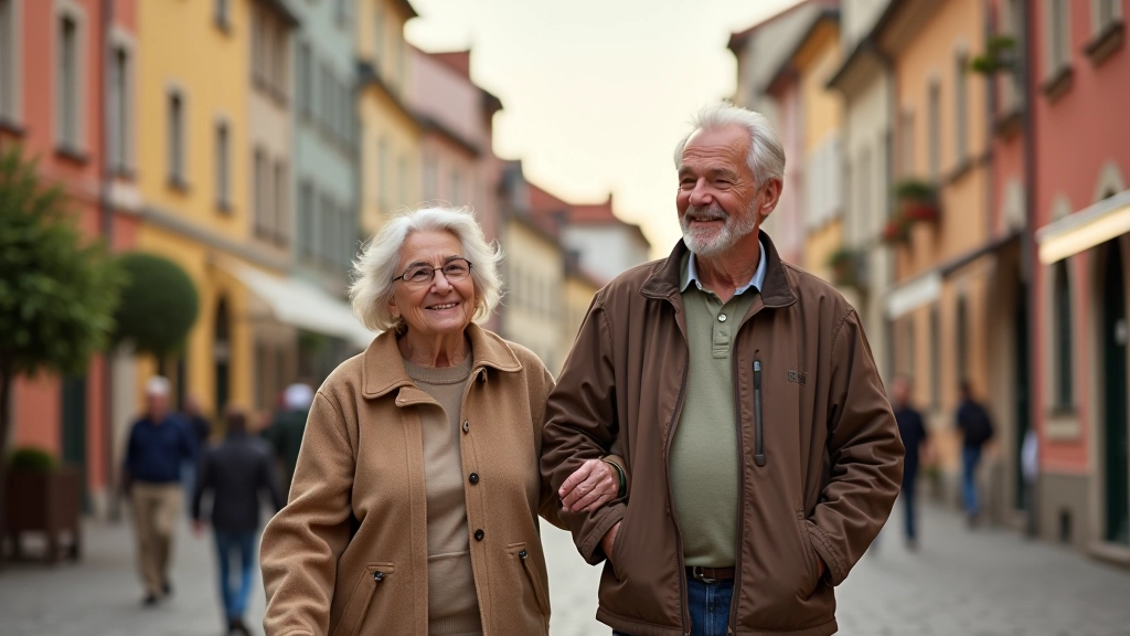 Senior couple walking together through historic Telč town square with Renaissance buildings in background