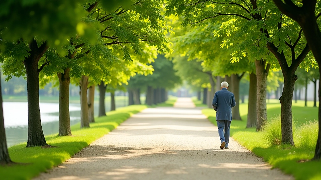 Lakeside walking path with mature trees providing shade, peaceful water view, and smooth gravel surface, ideal for relaxed walking