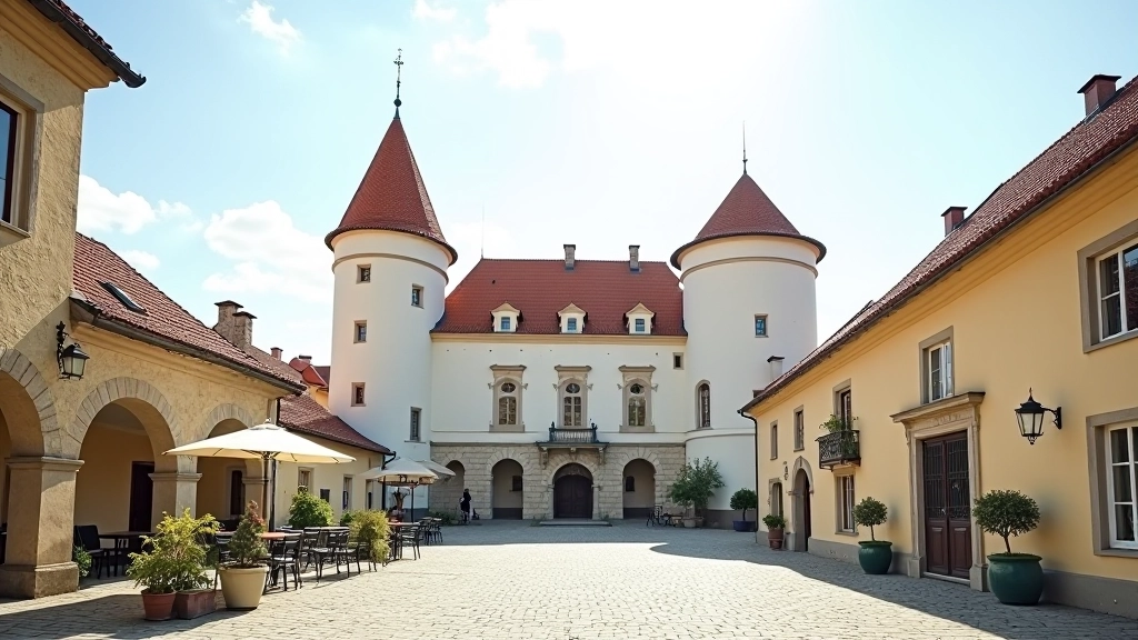 Telč Castle visible beyond town square with Renaissance facade and towers, historic landmark architecture