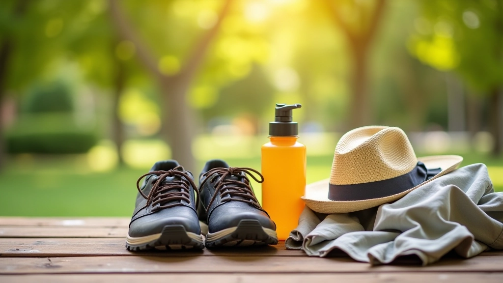 Walking essentials laid out: comfortable shoes, water bottle, sun hat, and lightweight jacket on a wooden surface